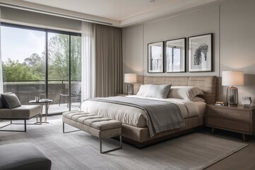 Fototapeta premium A contemporary bedroom featuring chic design and a cozy mattress