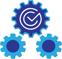 Quality Management System Icon. A vector illustration of interlocking gears with a checkmark symbol, representing process excellence, workflow efficiency, and verified performance.. drop shadow use