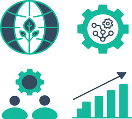 Business growth and global connection icon set with gears, people teamwork, world sustainability and rising graph, representing corporate development, eco-friendly strategy and digital innovation 