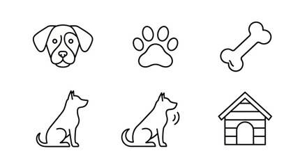Fototapeta premium Simple line art icons representing a dog's life and accessories, perfect for pet-related themes.