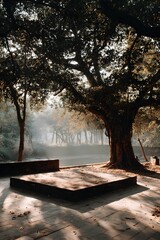 A quiet stone platform beneath a sacred bodhi tree in a sunlit forest clearing. Peaceful, spiritual, and empty—perfect for themes of reflection, mindfulness, or inner awakening.