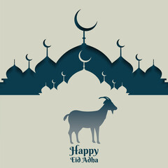 Eid al-Adha Greeting with Goat and Mosque Silhouette