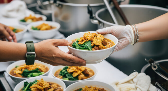 A Heartwarming Act of Kindness Serving Nourishing Bowls of Food to Those in Need A Generous Hand Offers Comfort and Sustenance Through a Delicious Meal