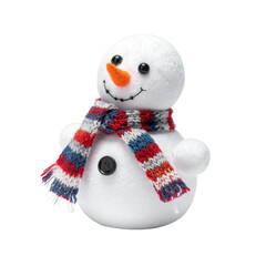 Delightful snowman figure, featuring a cheerful expression and a colorful knitted scarf, stands isolated against a stark black backdrop, embodying winter charm.