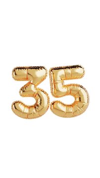 4k Resolution Vertical Video for Social Media: Anniversary Celebration Concept. Shiny Golden Balloon In Shape Of Number Thirty Five Moving On White Background With Alpha Matte