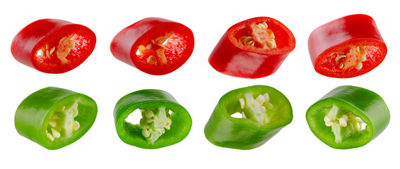 Set of sliced green and red hot chili peppers. Isolated on white.