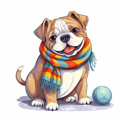bulldog playing with a snowball