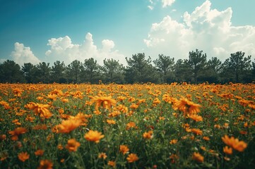 Obraz premium Stunning wide view of vibrant orange and yellow blossoms with a line of evergreen trees in the backdrop on a sunny day