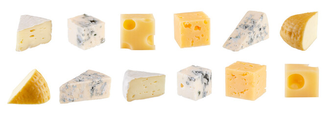 Set of different types of cheese. Maasdam, Camembert, Brie, smoked goat cheese, and regular cheese. Isolated on white.