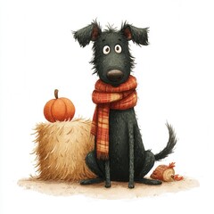 Cute Black Dog with Scarf and Pumpkin Surrounded by Hay in a Playful Fall Setting