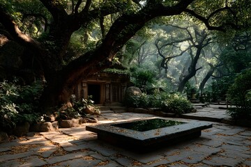 Obraz premium A quiet stone platform beneath a sacred bodhi tree in a sunlit forest clearing. Peaceful, spiritual, and empty—perfect for themes of reflection, mindfulness, or inner awakening.