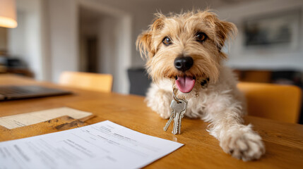 Cute Jack Russell Terrier puppy lying on a wooden table with a set of keys dangling from its neck and real estate paperwork nearby. A charming image for new home celebrations and pet-friendly living