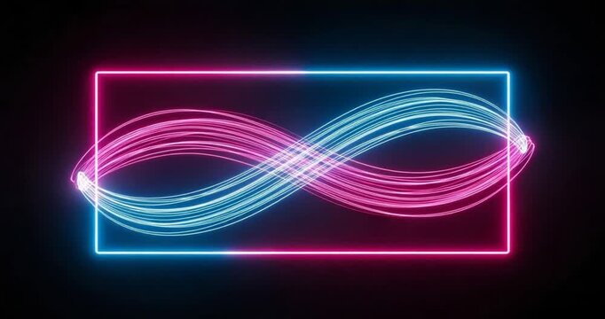 Abstract neon infinity symbol glowing with blue and pink light within a rectangular frame on a black background