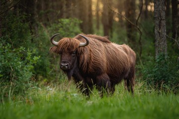 A European bison roaming in a natural wildlife reserve