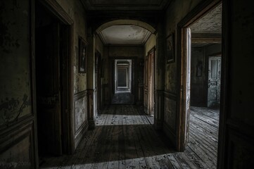 Obraz premium A dilapidated corridor featuring ajar wooden doors in a century-old deserted structure.