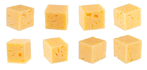 Set of regular cheese cubes. Isolated on white.