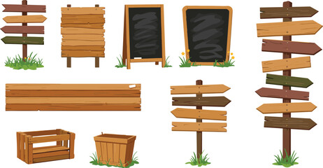 Cartoon wooden signboard and container set, rustic direction arrows, chalkboard signage, crate, bucket, outdoor park vector illustration
