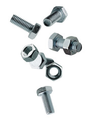Beautifully retouched bolts and nuts create an unusual figure in space. Isolated on white.