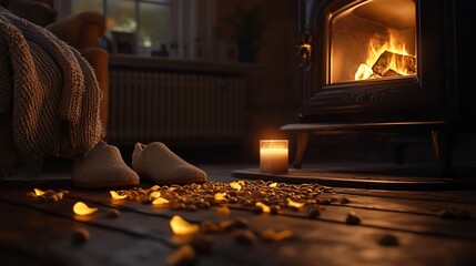 Cozy slippers, candle, and fireplace create a warm, inviting, and relaxing atmosphere