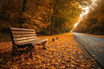 Long Straight Pathway Lined with Wooden Benches and Covered in Yellow Leaves during Fall