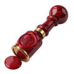 Ornate, detailed crimson wax seal stamp with a gold accent ring, and a spilled wax droplet rests against a plain black backdrop. The seal itself features an embossed intricate design.