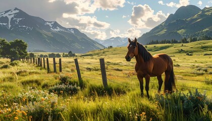 Majestic Horse in Lush Green Meadow with Scenic Mountain Backdrop