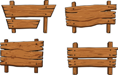 Cartoon wooden signboard set, rustic planks, outdoor signage, uneven boards, jagged edges, game asset, vector illustration, blank wood signs