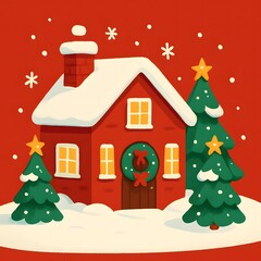 Christmas house illustration with snowy roof, wreath on door, warm glowing windows, decorated trees with star toppers, snowdrifts and snowflakes on red background for holiday cards and banners