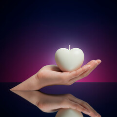 Stylish hand holding a heart-shaped white candle against a dark gradient background
