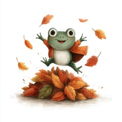 Cheerful Frog in Autumn Leaves with Bright Colors and Joyful Expression
