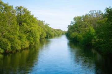 Obraz premium A serene waterway meanders amidst lush greenery beneath a pale azure sky, evoking tranquility and harmony with the natural world as soft water murmurs fill the air.