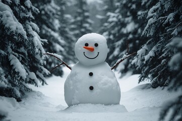 A cheerful snowman featuring a carrot nose and twig arms, standing amidst a snowy woodland scene crafted by kids.