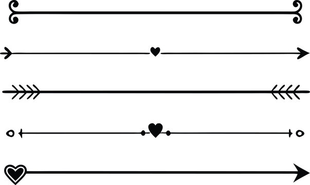 Set of decorative dividers isolated on white background, line borders with arrow, heart and swirl elements for design use
