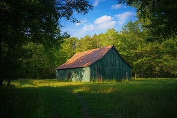 Obraz premium A vintage green barn tucked away in tranquil forest, encircled by towering trees beneath a bright sky, radiating rustic allure and quiet solitude.