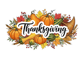 Thanksgiving Feast Autumn Harvest with Typography Lettering and Cornucopia