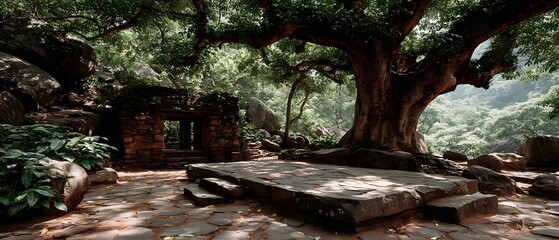 A quiet stone platform beneath a sacred bodhi tree in a sunlit forest clearing. Peaceful, spiritual, and empty—perfect for themes of reflection, mindfulness, or inner awakening.
