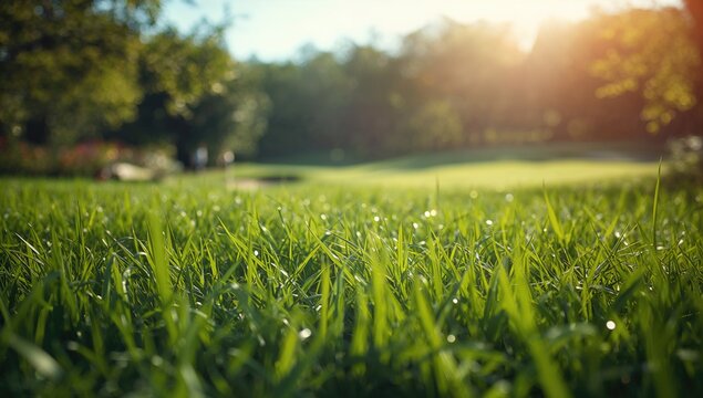 A close-up of lush green grass with a soft natural bokeh background