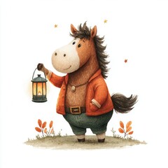 Cute cartoon horse character holding a lantern in autumn scenery with falling leaves