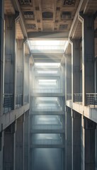 Fototapeta premium Light streams into a complex of concrete structures with repeating architectural forms