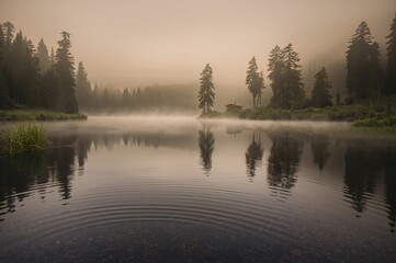 A ghostly fog drifts above the calm surface of a serene lake near a famous volcanic crater in the Pacific Northwest.