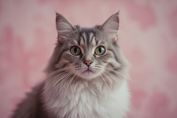 A charming feline sits before a rosy backdrop.