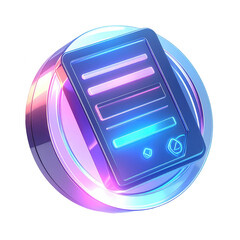 Glowing digital document icon, a futuristic representation, with a modern aesthetic, rendered in shades of blue, purple, and pink against a dark background.