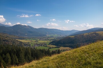 Birdâ€™s-eye perspective of charming hills and forests