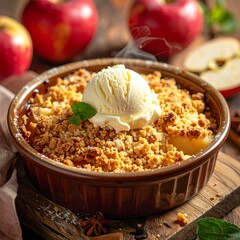 Close-up of a warm apple crumble dessert in a ceramic dish, topped with golden crumb and a scoop of vanilla ice cream, served on a rustic wooden table, cozy dessert photography style