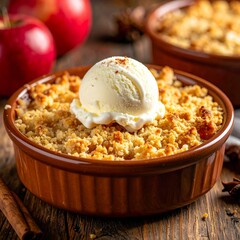 Close-up of a warm apple crumble dessert in a ceramic dish, topped with golden crumb and a scoop of vanilla ice cream, served on a rustic wooden table, cozy dessert photography style