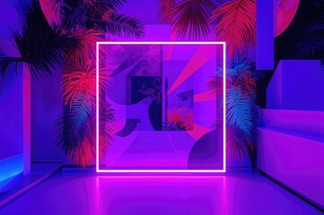 A glowing neon square set against an abstract background for a UV-lit show setup