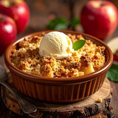 Close-up of a warm apple crumble dessert in a ceramic dish, topped with golden crumb and a scoop of vanilla ice cream, served on a rustic wooden table, cozy dessert photography style