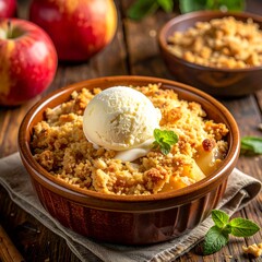 Close-up of a warm apple crumble dessert in a ceramic dish, topped with golden crumb and a scoop of vanilla ice cream, served on a rustic wooden table, cozy dessert photography style