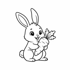 Obraz premium A cute cartoon bunny holding a carrot with both paws in a black and white line drawing illustration