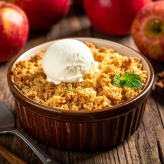 Close-up of a warm apple crumble dessert in a ceramic dish, topped with golden crumb and a scoop of vanilla ice cream, served on a rustic wooden table, cozy dessert photography style